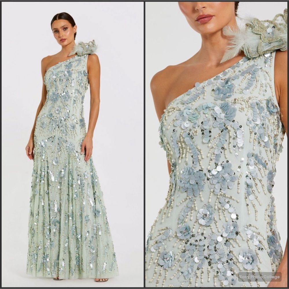 MAC DUGGAL 94151 Green Embellished One Shoulder Trumpet Gown with Flower